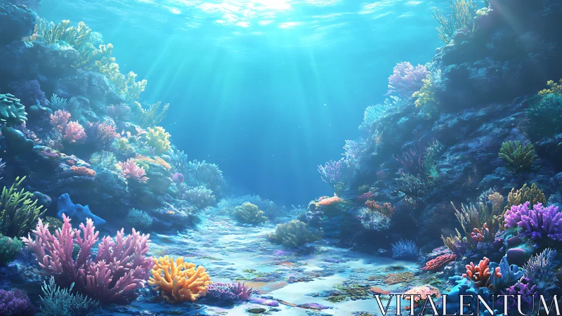 Sunbeams stroll through a neon coral canyon of quiet wonder