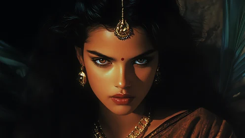Cinematic portrait renders intense gaze with jeweled accents