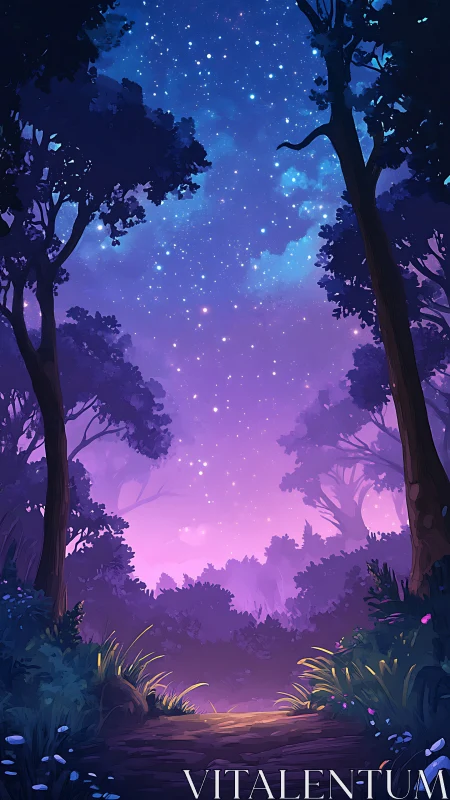 Enchanted forest beneath a starlit sky glowing with magic