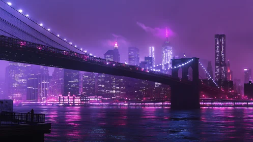 Neon-saturated suspension bridge over emissive cyber skyline.
