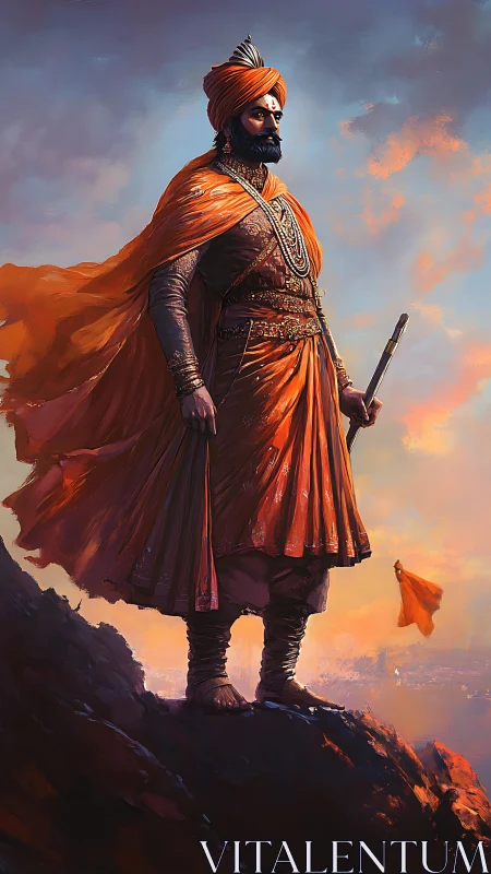 Regal warrior in saffron robes surveys a sunset battlefield