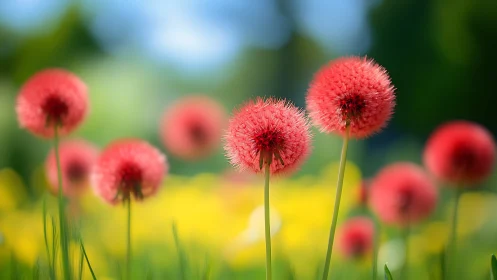 Red Dandelion Seed Heads Sway in Summer Garden Breeze.