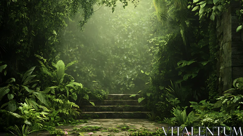 Stone steps recede into dense, overgrown jungle foliage