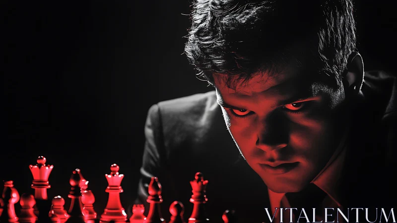 Intense chess strategist studies a glowing red battlefield