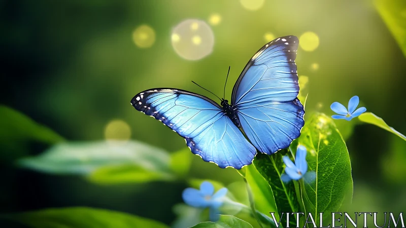 Iridescent blue butterfly on verdant leaves in sunlit bokeh field.