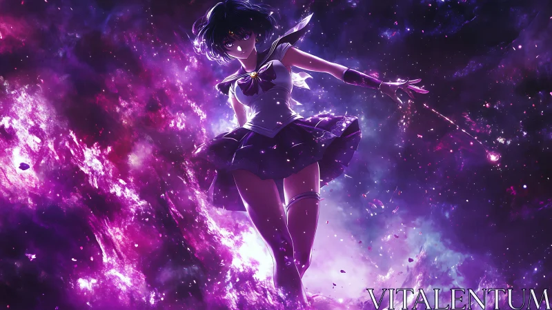 Cosmic warrior girl commands glowing violet nebula storm.