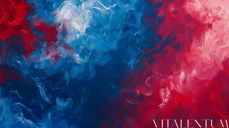 Abstract paint fields merge in red, blue and white motion