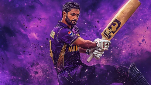 Cricketer in purple kit swinging bat in dynamic action pose.