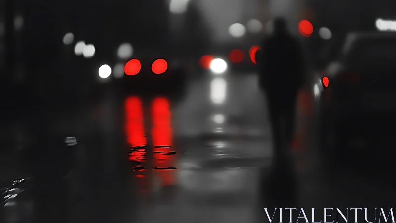 Silhouetted figure on wet city street with red lights.