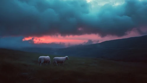 Two sheep stand in moody twilight on misty highland meadow
