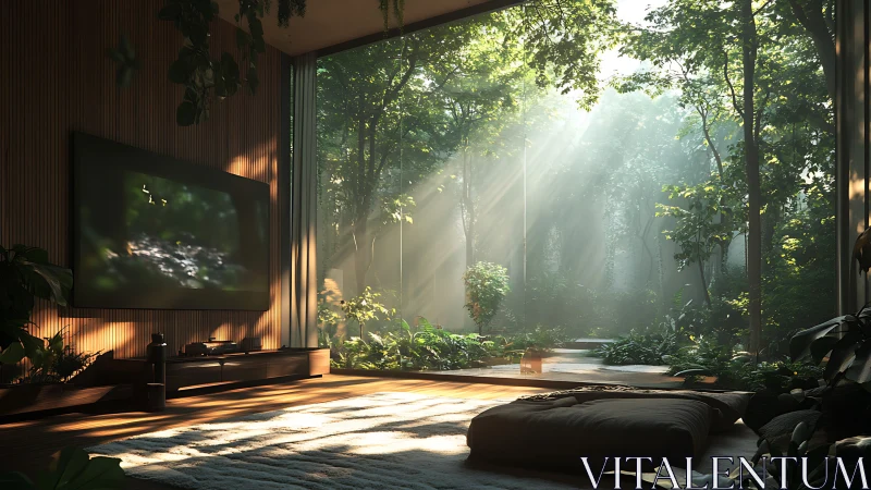 Modern Interior with Forest View through Large Windows