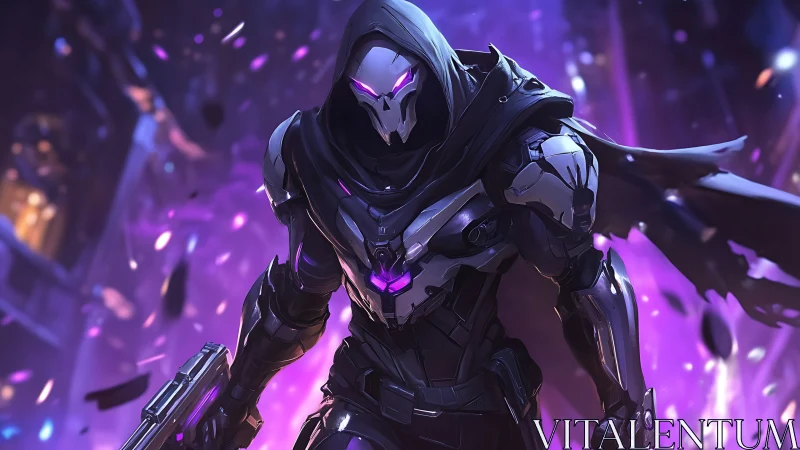 Neon reaper strides through violet shrapnel of the night.
