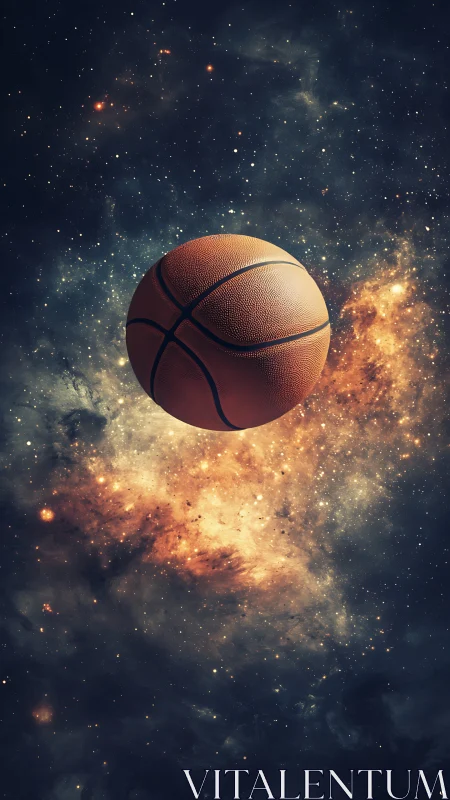 Textured basketball floating in cosmic nebula field scene.