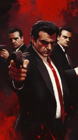 Triadic gunmen in noir composition dominate blood-red canvas