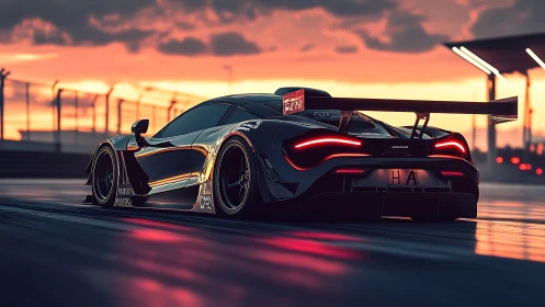 Black racing car on wet track under orange sunset sky.
