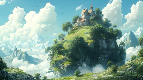 Castle atop mountain peak, fantasy landscape.