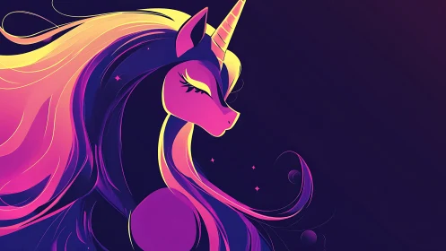 Neon unicorn profile glows against a dreamy cosmic night.