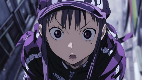 Intense purple-clad anime girl in dynamic urban closeup.