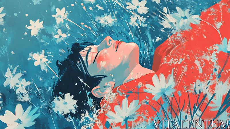 Digital portrait of reclining figure amid abstract wildflowers