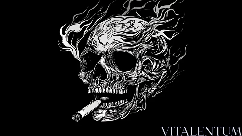 Flaming cigarette skull grins through swirling monochrome smoke.