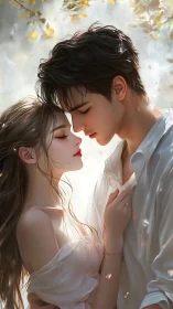 Intimate moment between two figures in soft white light.