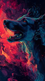 Canine profile immersed in molten neon chromatic currents.