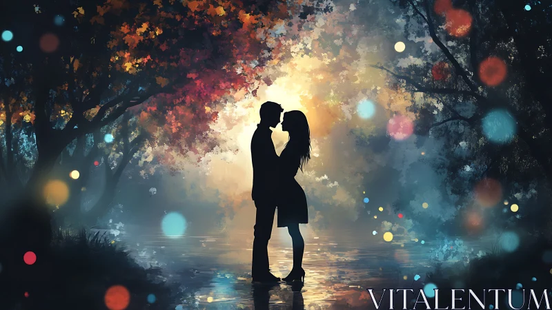 Two Hearts Share a Magical Moment Under Glowing Autumn Trees