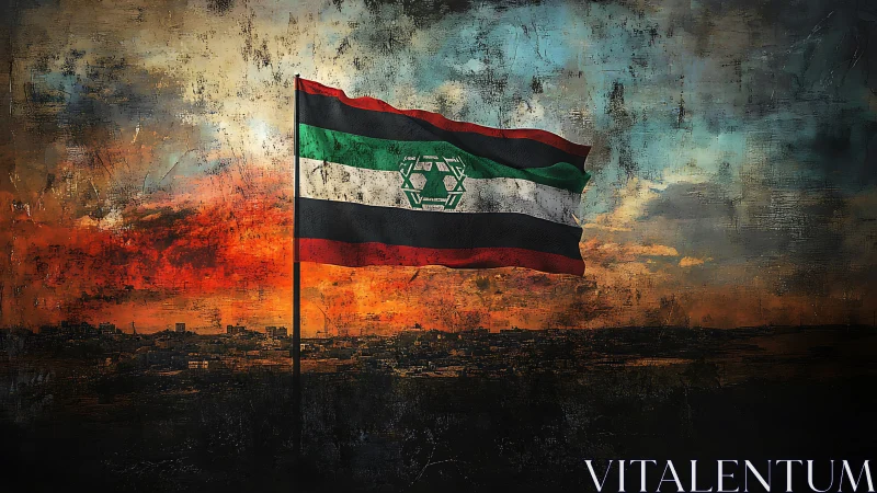 Flag with green, white, black, red stripes over textured city