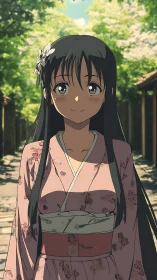 Smiling girl in pink floral kimono on sunlit pathway.