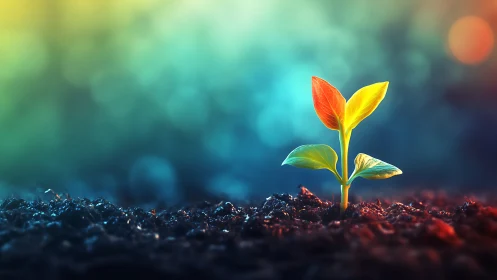 Sprouting spectrum leafling stretches toward painted dawn sky