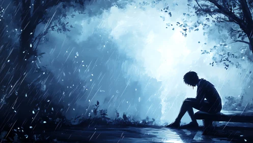 Melancholic silhouette on bench in rain, blue digital painting.