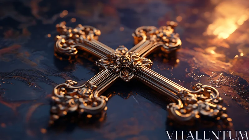 Baroque gold cross resting in dusk-lit molten reflections.