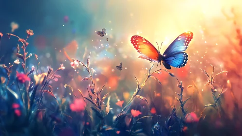 Twilight meadow ballet with rainbow-winged butterflies in bloom.