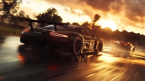 Sunlit endurance racer charging through wet circuit at dusk.