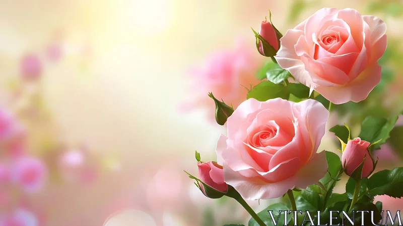 Blossoming Pink Roses with Soft Bokeh Garden Background.