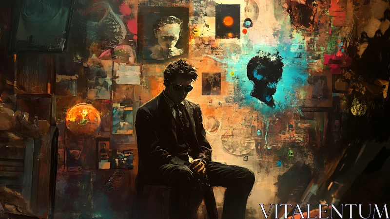 Solitary seated figure positioned before dense abstract collage