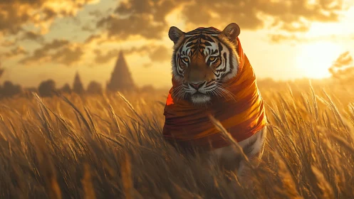 Tiger in orange wrap walking through golden sunset field.