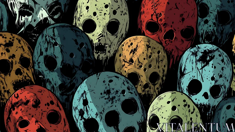 Paint-splattered skull masks crowd in chaotic neon gloom.