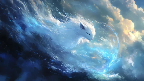 Skybound spirit fox gliding through swirling blue clouds.