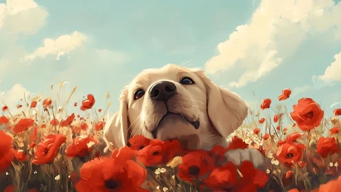 Labrador dog head emerging in red poppy flower field.