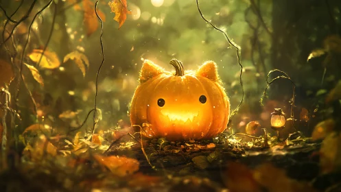 Glowing carved pumpkin with cat features in forest setting.