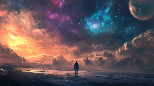 Lone figure under vivid cosmic sky on reflective shore.