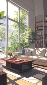 Sunlit studio lounge breathes in leafy urban morning calm