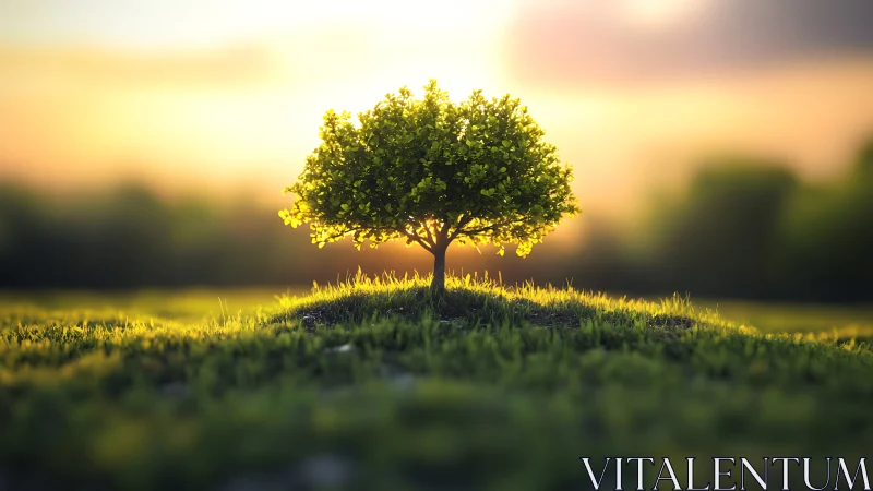 Isolated young tree rendered with shallow depth of field bokeh