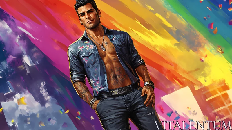 Confident tattooed man strides against a vivid rainbow sky
