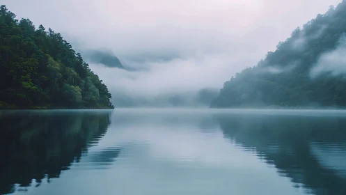 Misty forest lake between tree covered mountains at dawn.