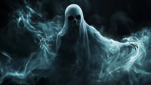 Spectral wraith emerging from swirling cyan mist.