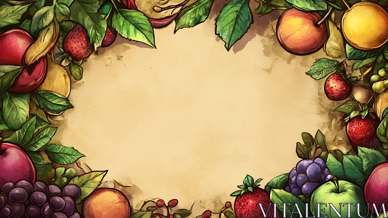 Fruit border illustration with empty rustic paper center.