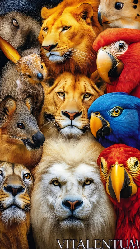 Vibrant wildlife portrait with lions and tropical parrots.