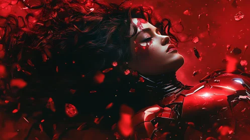 Cybernetic woman in red armor amid floating shards.